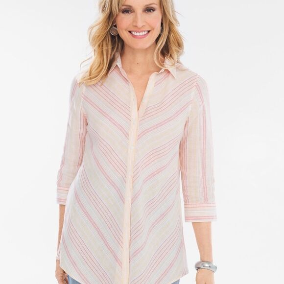 Chico’s White Peach Pink 100% Linen No-Iron Stripes Button Front Tunic - L  EUC - Picture 1 of 7
